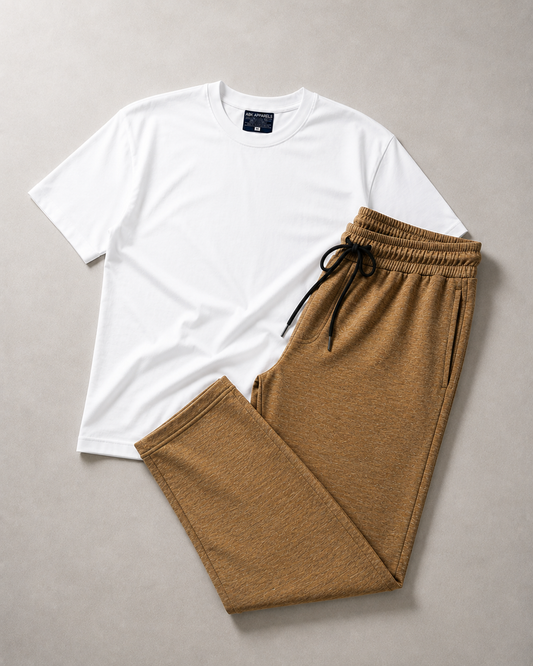 White Oversized Tee & Camel Heather Trouser Set