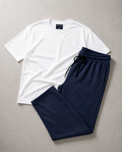 White Oversized Tee & Navy Heather Trouser Set