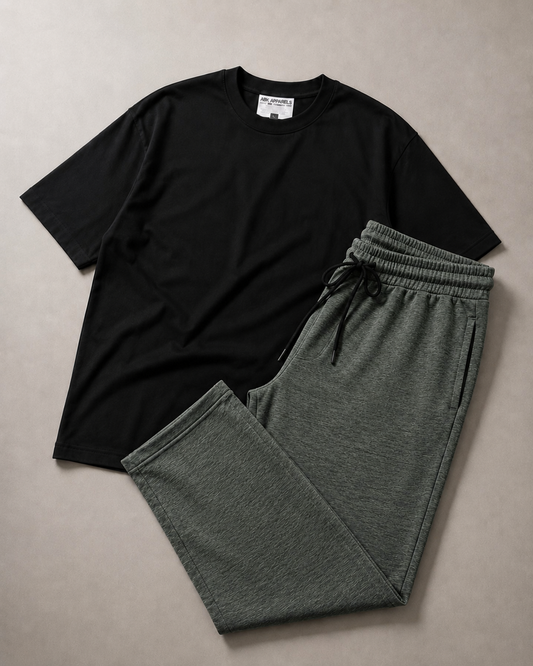 Black Oversized Tee & Green Heather Trouser Set
