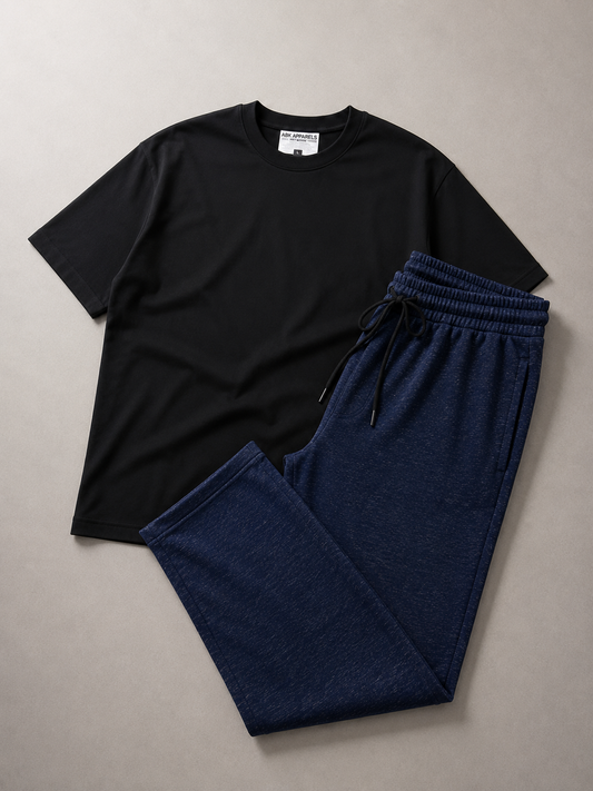 Black Oversized Tee & Navy Heather Trouser Set