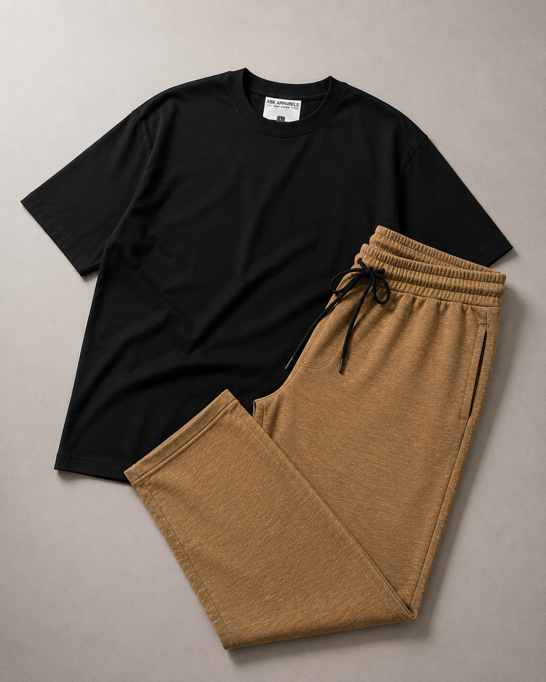 Black Oversized Tee & Camel Heather Trouser Set